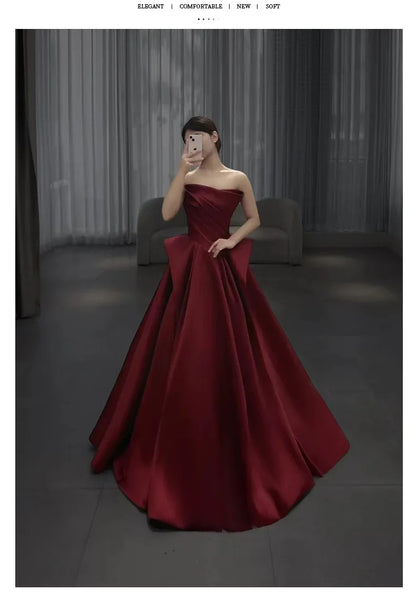 party dresses women evening satin strapless host evening dress female banquet temperament bride toast wine red black prom dress