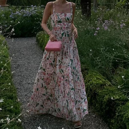 Summer Sexy Off Shoulder Vacation Long Dress Women Elegant Floral Print Hollow Party Dress Fashion Sleeveless Pleated Bohe Dress
