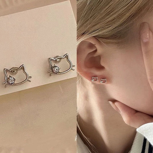 925 Sterling Silver Cute Hello Kitty Shining Zircon Earrings Kawaii Earrings Cartoon New Ins Sweet Student Exquisite Earrings