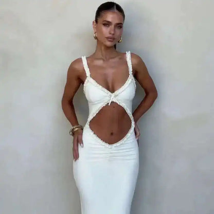 Giyu Sexy Evening Club Party Dresses Women 2025 Summer Sleeveless Backless Hollow Out Maxi Long Dress Elegant Bodycon White Robe