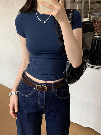 ベーシック無地クロップトップ 半袖クルーネックスキニーティー 夏のカジュアルTシャツ レディース y2kヴィンテージトップ 原宿ストリートウェア