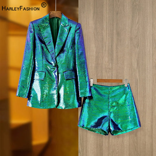 Eye-catching Occasion Wearing Women Clothing Shining Bling Gradient Color Dark Green Sequins 2PCS Blazers Shorts Sets