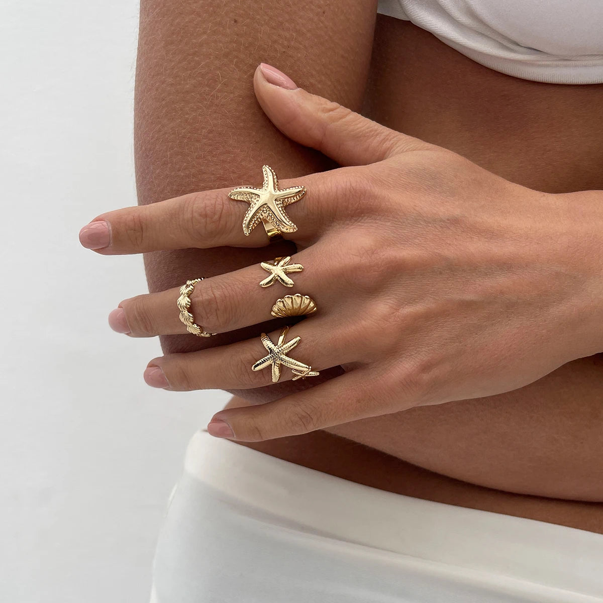 SHIXIN 4Pcs/Set Starfish Scallop Adjustable Open Rings for Women Trendy Geometric Gold Color Ring Summer Beach Jewelry Accessory