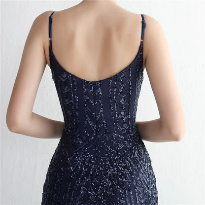 Women's Black Long Sleeve Padded Strap Sequin Dress Length, Sparkles Stretch, V Neck Mermaid, Formal Evening Dress, Night Party