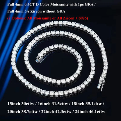 EWYA 本物 2-5mm フル D カラー モアサナイト テニス ネックチェーン ネックレス レディース メンズ 925 シルバー GRA 認定 パーティー ブライダル ネックレス