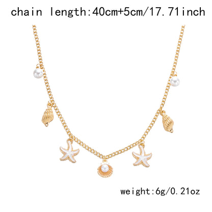 Bohemian Starfish Shell Conch Turtle Pendant Necklace for Women Imitation Pearl Charm Chain Necklace Beach Jewelry Vacation Gift