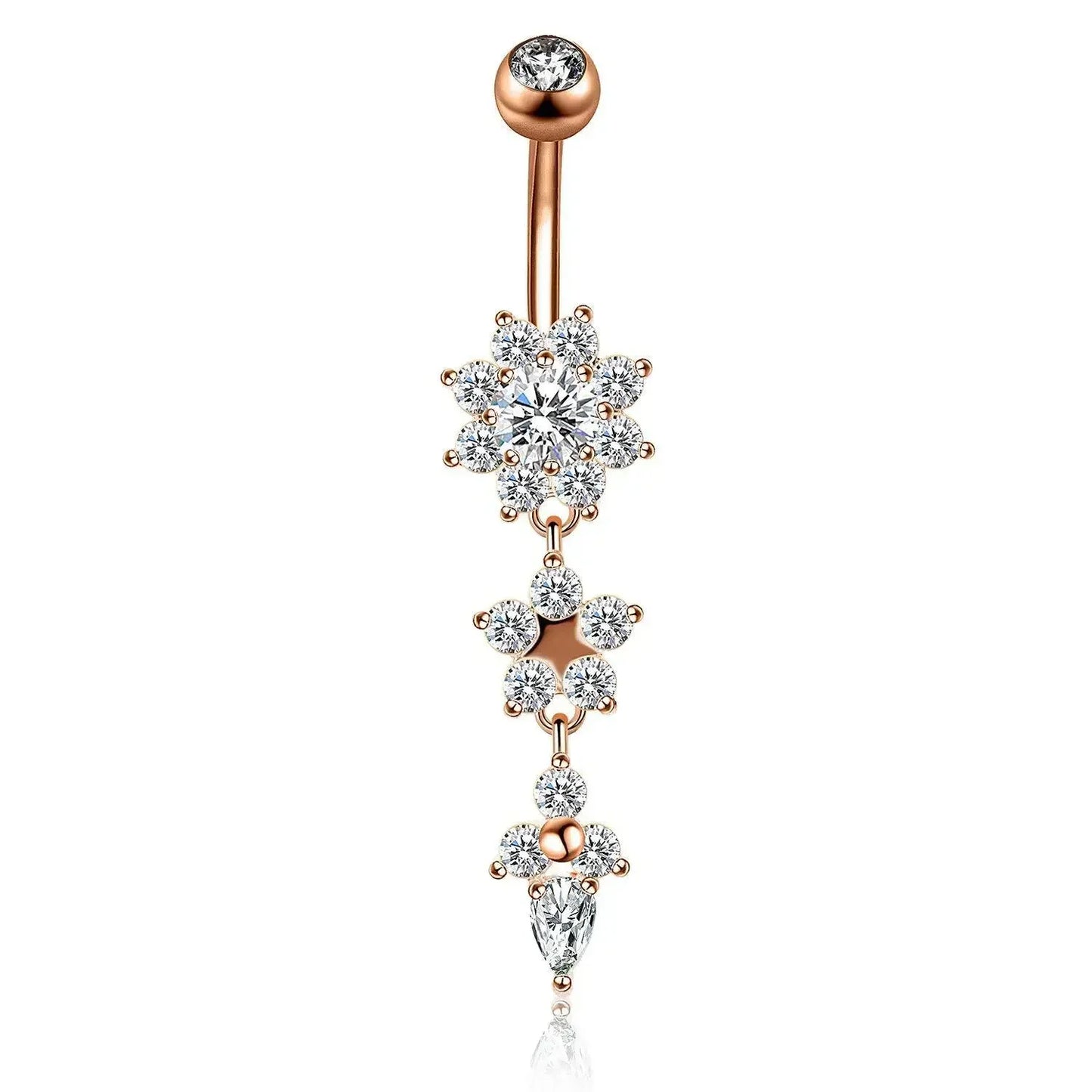 Alloy Zircon Navel Nail Ring Crystal Bar Barbell Drop Flower Dangle Body Piercing Belly Button Rings Men Women Body Jewelry Gift