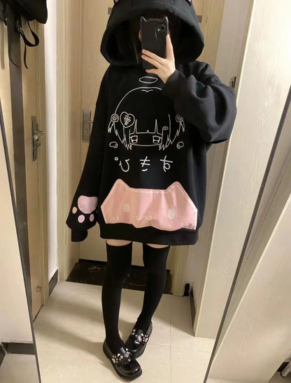 日本の漫画プリントフリースパーカー レディース 原宿ゴシック 猫耳 フード付き ヴィンテージ パーカー ストリートウェア Y2K 美的 スウェットシャツ