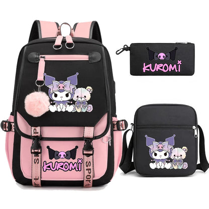 Kuromi Student Backpack 3pcs Cartoon Rucksack Girls School Bag High Capacity Women Backpack Female Cute Leisure Travel Mochilas
