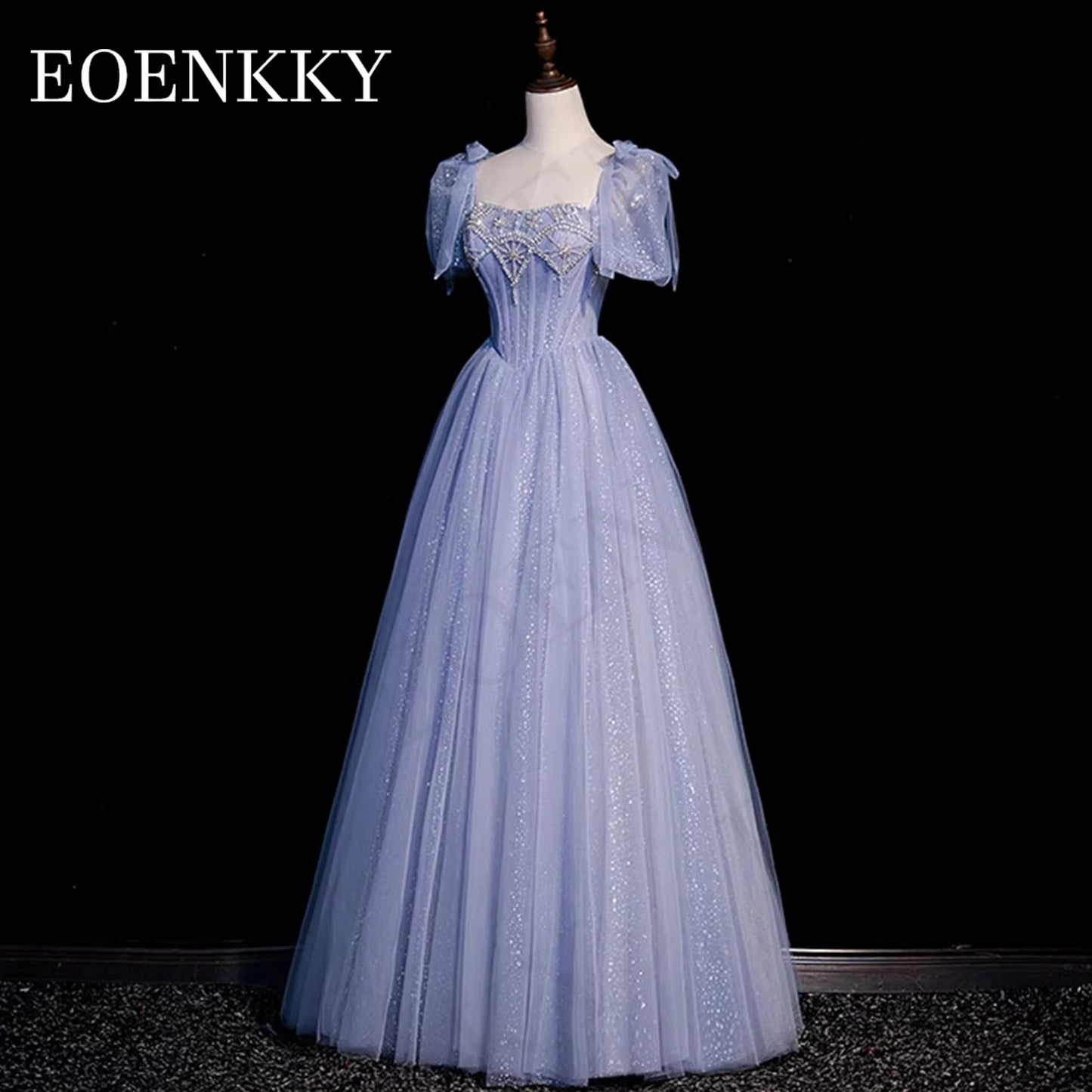 Princess Luxury Crystal Prom Dress Blue Glitter Puff Sleeves A Line Banquet Party Dresses Women vestidos para eventos especiales