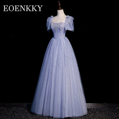 Princess Luxury Crystal Prom Dress Blue Glitter Puff Sleeves A Line Banquet Party Dresses Women vestidos para eventos especiales