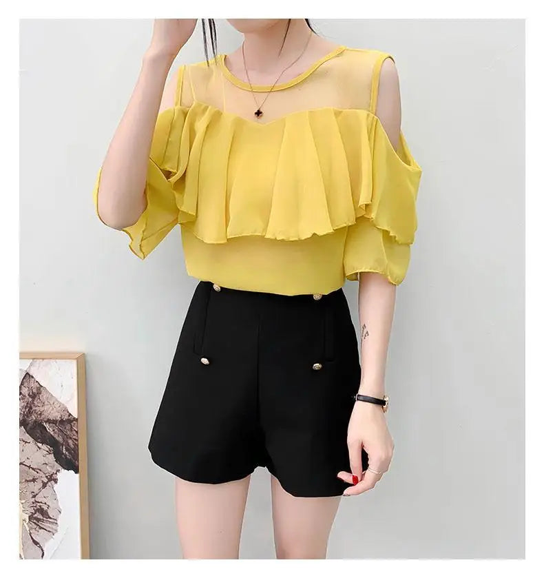 Off Shoulder Sexy Chiffon Blouses Women 2025 Summer Korean Fashion Clothes Ruffles Slim Sweet Ladies Casual Lace Tops Shirts Y2k