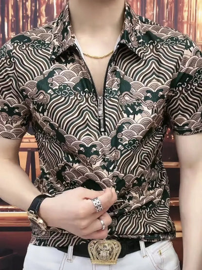 New Chinese Trend Leading Half-zip Men's Short-sleeved Shirt, Hong Kong Style Top