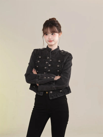 Women's American Retro Denim Military Inspired Cropped Jacket Long Sleeve Stand Collar Casual Motorcycle Coat