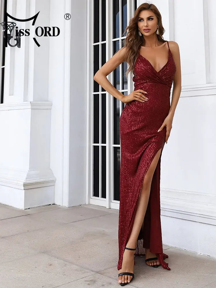 Missord White Sequin Guest Wedding Party Dresses Women Spaghetti Strap V-Neck Thigh Split Prom Evening Dress Elegant Long Gown