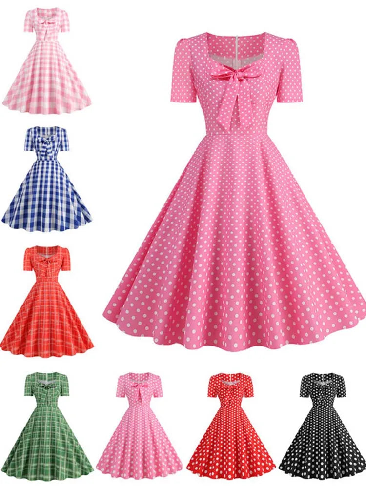 Green Plaid Swing Party Dresses Women Elegant Vintage Square Collar Short Sleeve Casual Summer Dress