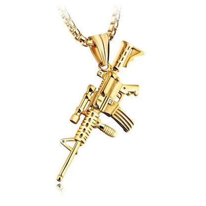 Men's Machine Gun Pendant Necklace Hip Hop Punk Black Gold Color Stainless Steel Chain Retro Accessories Hippie Rapper Jewelry