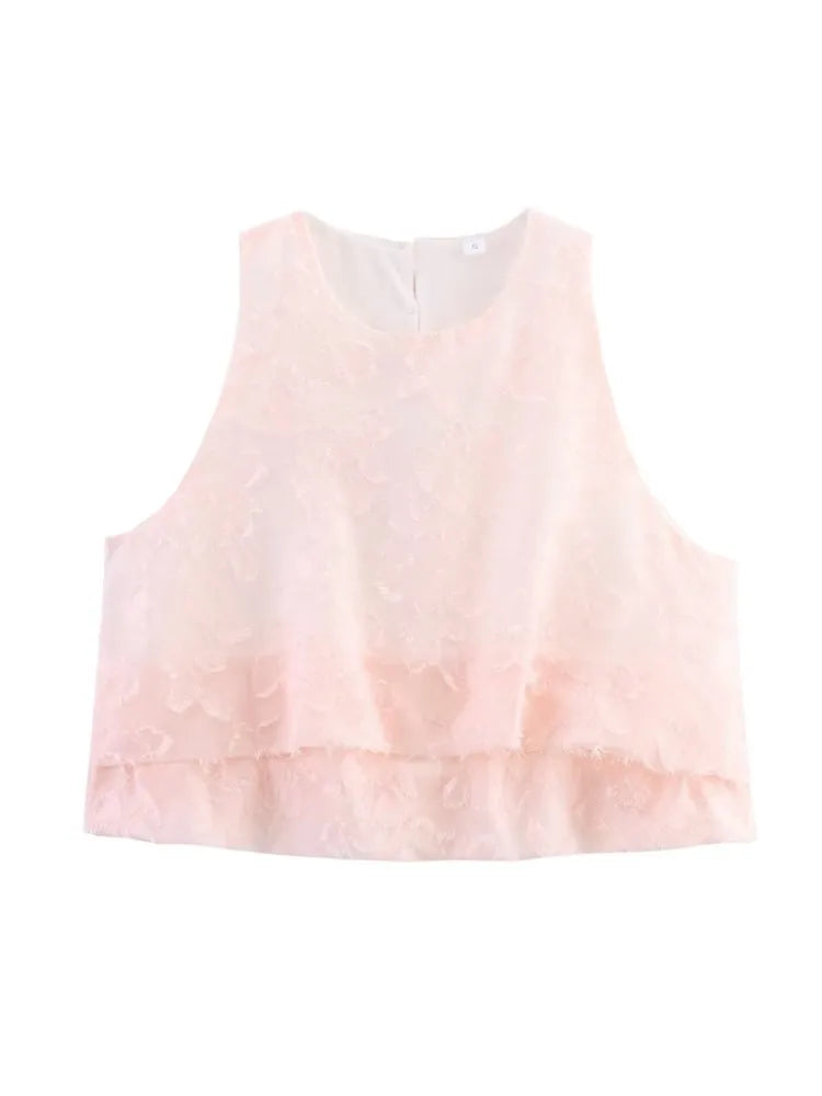 TRAF GAL 2025 Summer Lightweight Women Tanks Sleeveless O Neck Jacquard A Line Female Crop Top Casual Ball Gown Vest Y2K