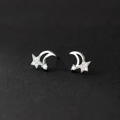 SOFTPIG Real 925 Sterling Silver Zircon Star Moon Stud Earrings For Women Classic Fine Jewelry Minimalist Accessories