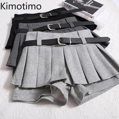 Kimotimo Womens Shorts Autumn Winter Belt High Waist Fluffy Pleated A-line Short Pants Korean Fashion Sexy Y2k All Match Clothes