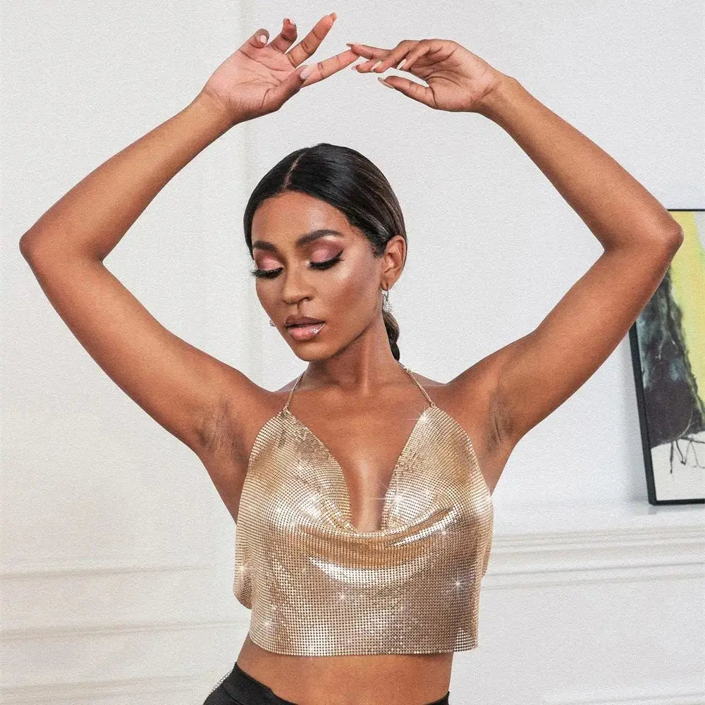 Women's Sexy Metal Sequins Open Back Chain Sling Vest Top Sexy Nightclub Party Tank Tops ﻿