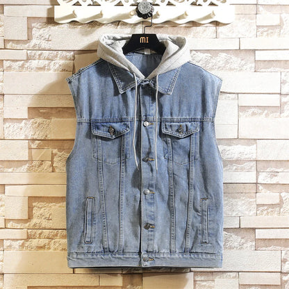 2025 Men's Spring/Summer Autumn Denim Vest Jacket Teenagers Black Leisure Hooded Vests Coat Plus Size Waistcoat M-5XL