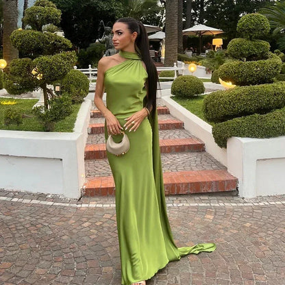Elegant Satin Ribbon Halter Backless Sleeveless Dress for Women Slim Fit Party Evening Robes Lady Solid Color Autumn Summer 2025