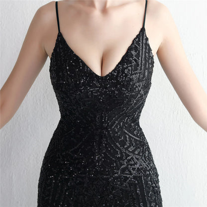 Women's Black Long Sleeve Padded Strap Sequin Dress Length, Sparkles Stretch, V Neck Mermaid, Formal Evening Dress, Night Party
