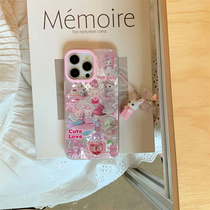 高級レーザーレインボーキュートピンクハートラブキャット漫画電話ケース iPhone 12 13 14 15 16 Pro Max Y2k 3Dふわふわ猫人形ストラップ
