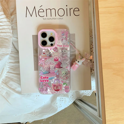 高級レーザーレインボーキュートピンクハートラブキャット漫画電話ケース iPhone 12 13 14 15 16 Pro Max Y2k 3Dふわふわ猫人形ストラップ