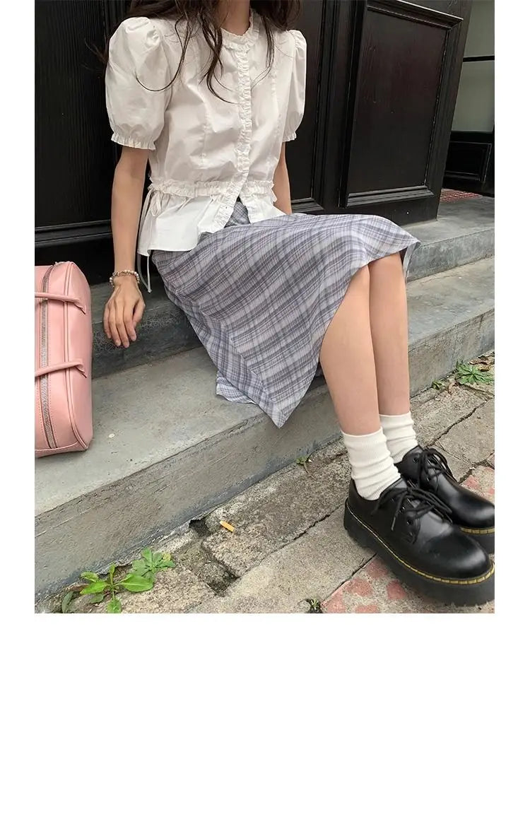 Women French Gentle Style Fungus Edges O-neck Puff Short-sleeved Shirts Summer Lace-up Bow Waist Slimming Single Breasted Blouse