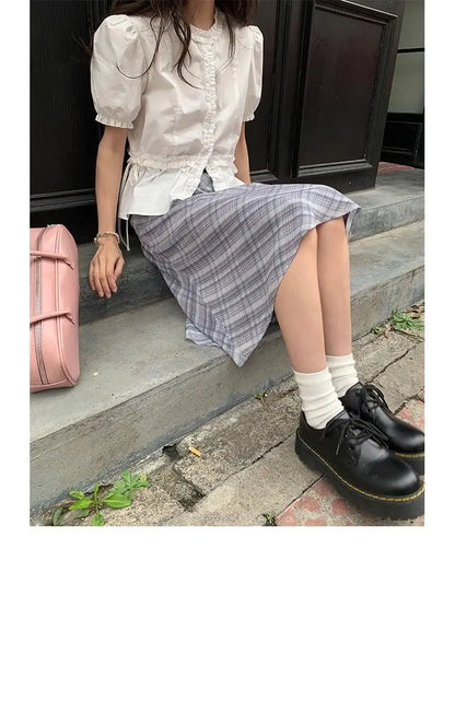 Women French Gentle Style Fungus Edges O-neck Puff Short-sleeved Shirts Summer Lace-up Bow Waist Slimming Single Breasted Blouse
