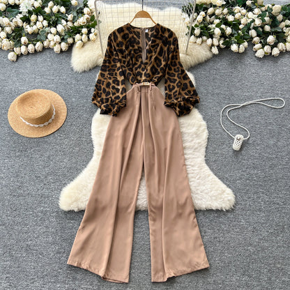 SINGREINY Autumn Leopard Long Jumpsuits V Neck Long Sleeves Belt Wide Legs Pants Women American Retro Senior Office Lady Rompers