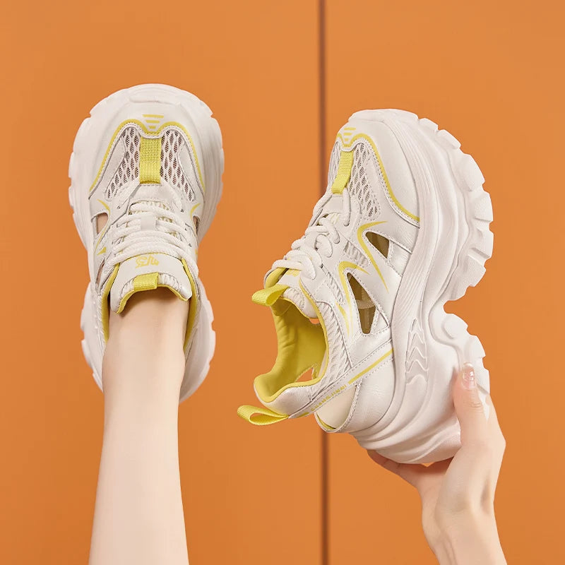 AUTUSPIN 9cm ハイプラットフォーム レディースサンダル 夏ファッション スポーツスタイル ホロウアウト サンダル 女性用 通気性メッシュシューズ 34-39