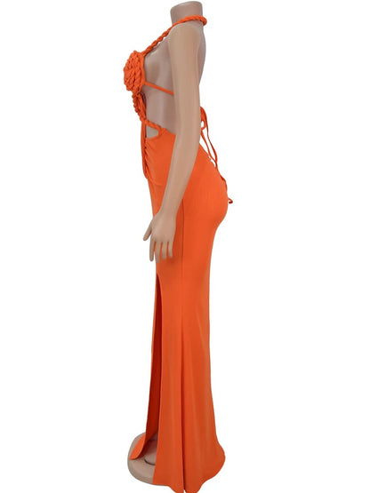 Beyprern Women's Cut-Out Ruched Maxi Dress Orange Sexy Halter Neck Backless High Slit Bandage Party Dresses Birthday Outfits