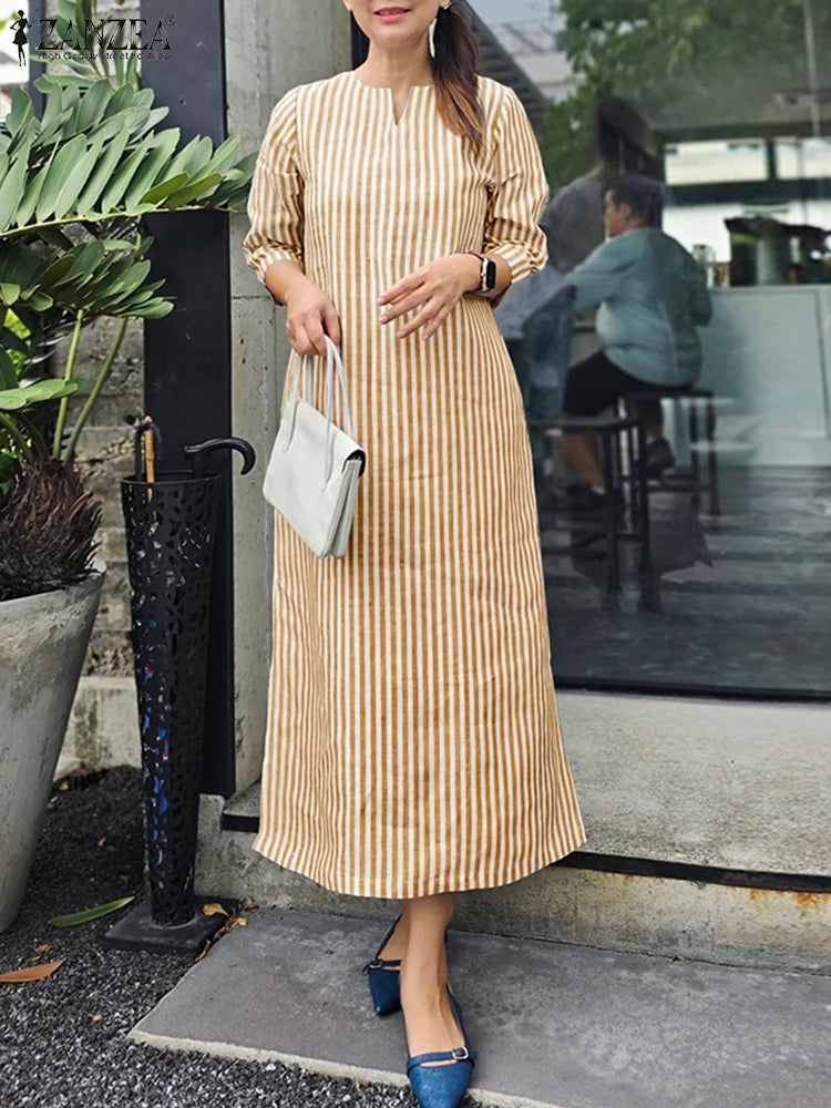 2025 Autumn Striped Dresses ZANZEA Fashion Women V Neck Long Sleeve Work Dress Elegant Office OL Sundress Maxi Long Vestido Robe