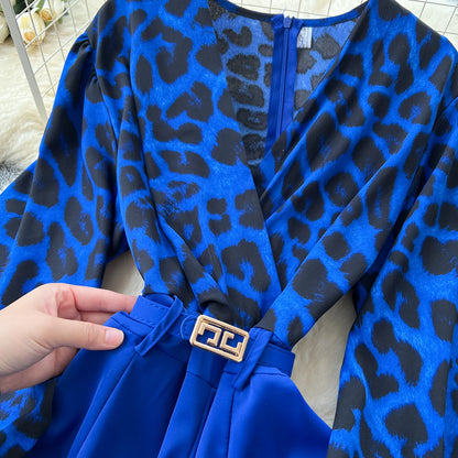 SINGREINY Autumn Leopard Long Jumpsuits V Neck Long Sleeves Belt Wide Legs Pants Women American Retro Senior Office Lady Rompers