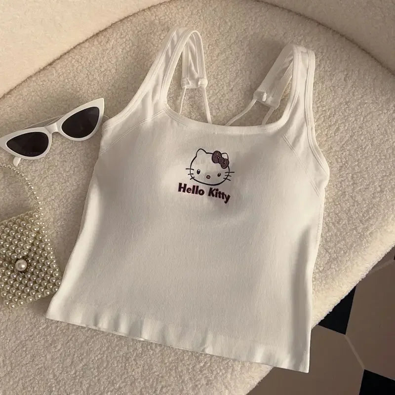Hello Kitty Sanrio Fashion Clothing Y2K Top with Breast Pad Cute Top Girl Summer Cool Cropped Top White Sexy Suspender Girl Gift