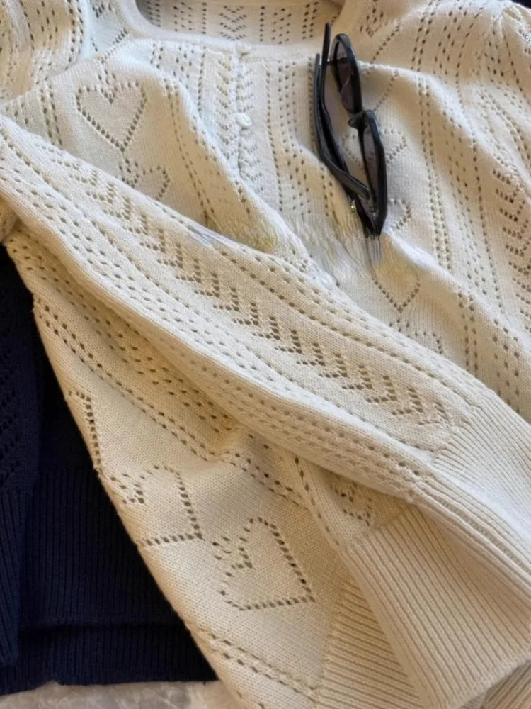2025 Knitted Love Hollow Out Cardigans Women Summer Puff Sleeve Cropped Sweater Korean Single Breasted Fashion  Woman Clothes