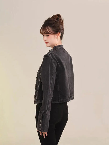 Women's American Retro Denim Military Inspired Cropped Jacket Long Sleeve Stand Collar Casual Motorcycle Coat