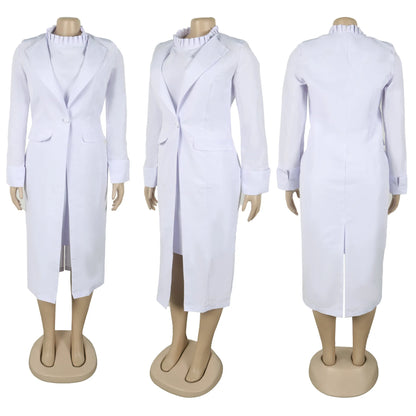HLJ High Quality Elegant Office Lady Blazer Two Piece Sets Women Lapel Long Sleeve Coat And Slim Dress Outfit Female Clothing