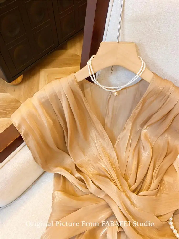 French Cross V-Neck Chiffon Blouse Women's Summer Premium Linen Sleeveless Irregular Tulle Top