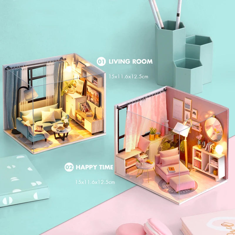 木製ミニチュアドールハウス DIY 小さな家キット 3Dパズル 組み立て式ハウス 家具 おもちゃ 子供の誕生日プレゼント