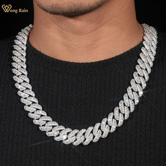 Wong Rain Hip Hop Rock 925 Sterling Silver VVS1 3EX D Real Moissanite Full Diamonds Gems 18 MM Cuban Chain Necklace Fine Jewelry