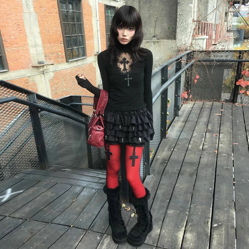 Genayooa Y2k Gothic T Shirt Women Hollow Out Patchwork Vintage Crop Tops Streetwear American Retro Grunge Tops Aesthetic Tshirt