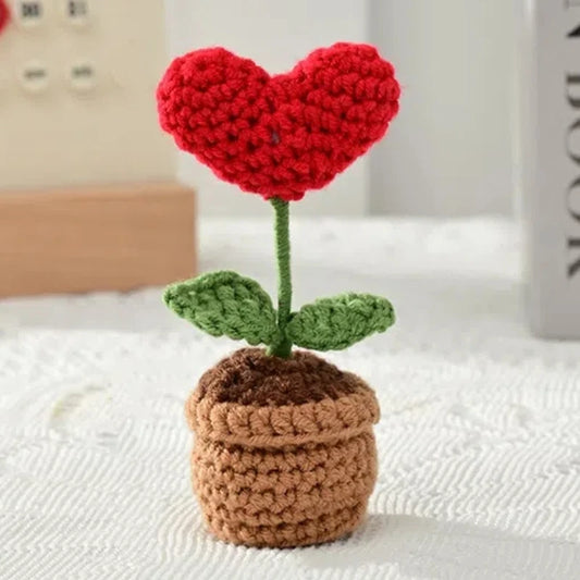 かぎ針編みの造花、ホームデコレーション、手作り編み花、鉢植えのひまわり、バラ、卓上装飾、車内装飾
