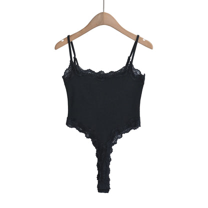 Sexy Bodysuit Tops For Women 2025 Summer Y2k Clothes Lace Panel BodySuits Women Solid Color Cami Bodysuit Backless Lace Top Pink