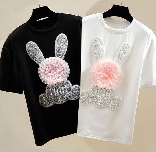 Heavy Industry Rabbit Sequins White Short-Sleeve T-shirt Women Sweet Contrast Color Mesh Cute Flowers Rabbit T Shirt Summer Tees