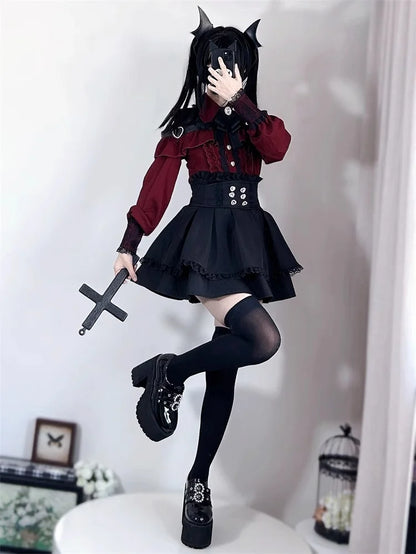 Kawaii Off Shoulder Long Sleeve Shirts Women Black Short Skirt Set Y2K Gothic Ruffle Skirts Lace Lolita Shirt Gown Suit ﻿﻿﻿﻿﻿