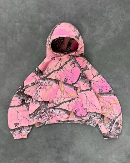 Y2K Retro Zip Up Hoodie Pink Branch Camo Print Pattern Sweatshirt Streetwear Harajuku Trendy Casual Camouflage Unisex Boxy Coat